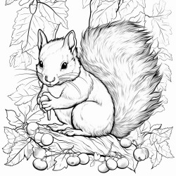 a closeup scene of a fluffy squirrel gathering nuts under a large oak tree with leaves drifting down
