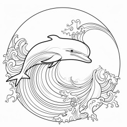 simple dophin fish over waves 16 colors 100 curved segments bold black lines no details no grayscale no shadows coloring page coloring page