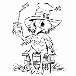 birds sitting on the arms of a stick scarecrow and drinking lemonade