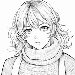 anime girl with brown hair and blue eyes wearing a sweater