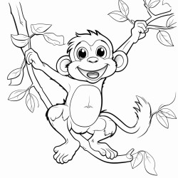 generate a coloring page of a cute cartoon monkey swinging from a tree branch