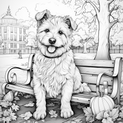 a smiling dog holding a piece of paper in the background a park with trees and a bench  autumn atmosphere