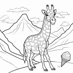 giraffe eating an ice cream cone in front of a mountain