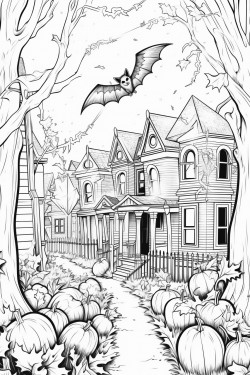 halloween creatures trick or treating on a crispy fall day with street lights and bats and leaves falling