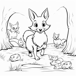 a group of rabbits running away from a sneaky red fox the rabbits enters their hole while the sneaky red fox observes