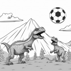 dinosaurs playing soccer in front of a volcano