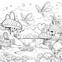 a fairy land with fairies flying in the sky