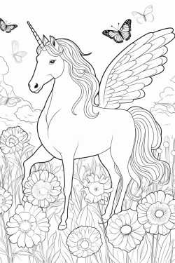 winged unicorn in flower garden with friends