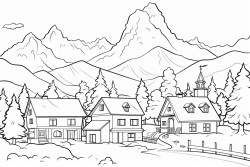 a landscape view of houses pump forest flower animals mountain sky