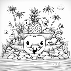 a pineapple flamingo with its friends in a river upside down pineapples hiding throughout
