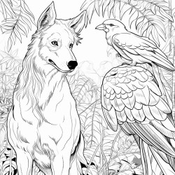 half dog half horse and a bird in the rain forest