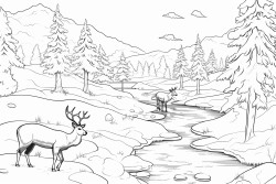 a winding frozen river lined with frosty trees and rocks woodland animals like foxes deer and rabbits skate playfully on the ice each animal has a unique pose and their fur is dusted with snowflakes small pine trees and snowcovered rocks surround the scene