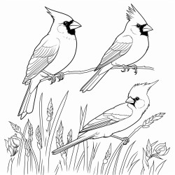 a cardinal a blue jay and a gold finch flying around a big open field