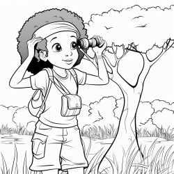 african american cute girl birdwatching holding binoculars looking into trees