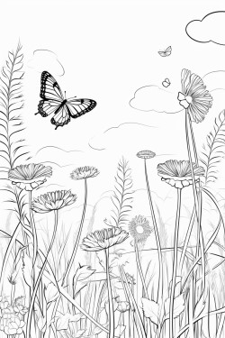 a beautiful meadow filled with wildflowers tall grass and butterflies flying around under a clear blue sky