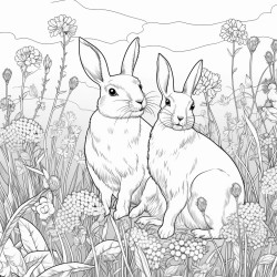 create a blackandwhite coloring page featuring rabbits in a peaceful meadow the rabbits should have bold clear outlines with varying poses from sitting to hopping include simple details like grass and flowers but keep the design uncluttered with large areas for easy coloring
