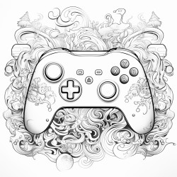 a detailed game controller surrounded by swirling smoke and techinspired designs