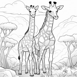 black and white coloring book drawing only thick outlines no grayscale for kids cartoon style giraffe forest