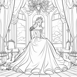 a princess sitting on a throne in a grand hall with chandeliers and tapestries
