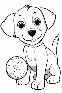 an adorable puppy with big floppy ears playing with a ball black and white coloring page