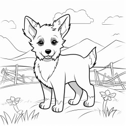 create a coloring book of a simple anime dog on a farm