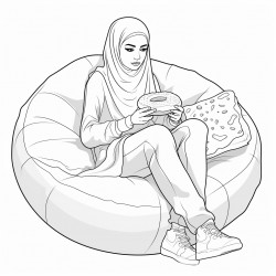 beautiful hijabi sitting on a couch having a donut in casual clothinh jeans