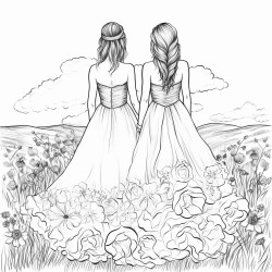the back of two brides in wedding dresses in a field of flowers