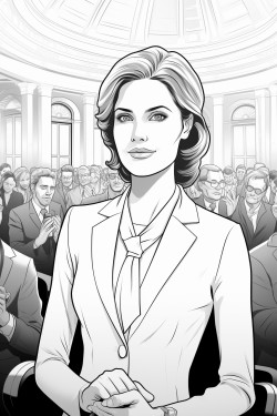 a woman in a suit on stage at a business conference in front of a bunch of people in the audience