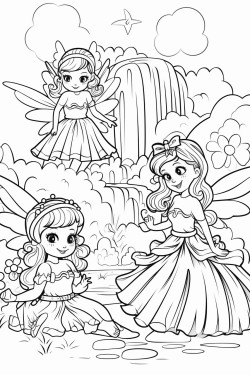cute butterflies mermaids and fairies in a river with a rainbow and a waterfall there is a castle in the background