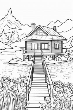 switzerland landscape with a quaint stone house surrounded by flowers wooden dock extending into a lake