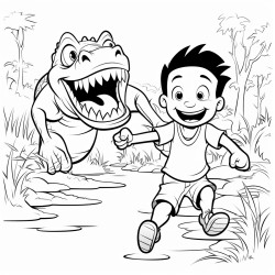 a terrified boy running from a smirking crocodile in the jungle