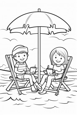 kids at the beach with their supplies by their chair under a umbrella