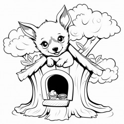 cute little dog inside a tiny house inside of a tree