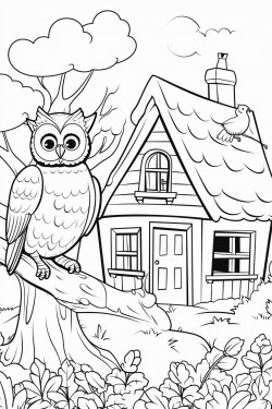 a owl on a tree branch in background switzerland landscape with a quaint stone house surrounded by flowers