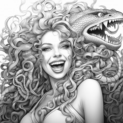 medusa putting on lipstick and smiling devilishly