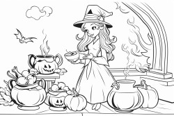 a retro pumpkin dresses as a witch stirring a cauldron with a spoon in a room full of potions