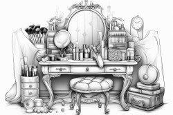 a chic vanity with an elegant mirror surrounded by makeup brushes foundations eyeshadow palettes and lipstick tubes