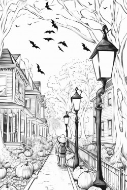 halloween creatures trick or treating on a crispy fall day with street lights and bats and leaves falling