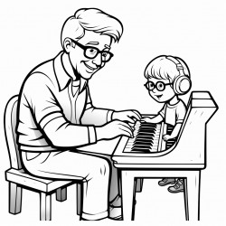 uncle playing keyboard and computer with blonde nephew
