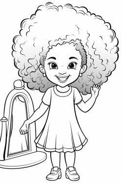a little black girl with big afro looking at herself in the mirror smiling