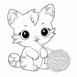 kitten playing with yarn no color no shading thick lines