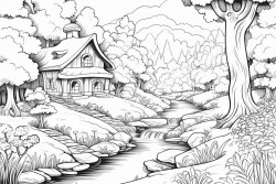 landscape cottage stream forest sunny clud no grey or black areas