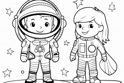 a boy and a girl put on their astronaut costumes and stand next to a rocket