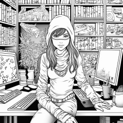 make a coloring page of a girl in an office being a ninja