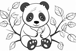 panda with hearts all around sitting on a branch with branches and leaves