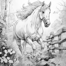 horse jumping over a fence in a forest on a pathway