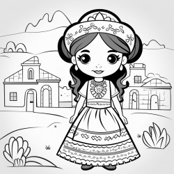 simple mexican doll with a village background coloring page for a kindergarden very simple not a complex image