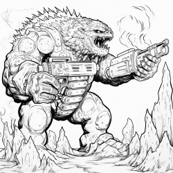 a monster made of lava shooting a lava minigun