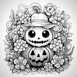 cute spooky pumpkin surrounded by leaves