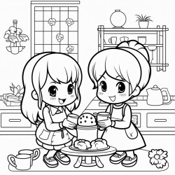 a kawaii coloring page of 2 best friends cooking lunch together in their cozy coquette decorated home